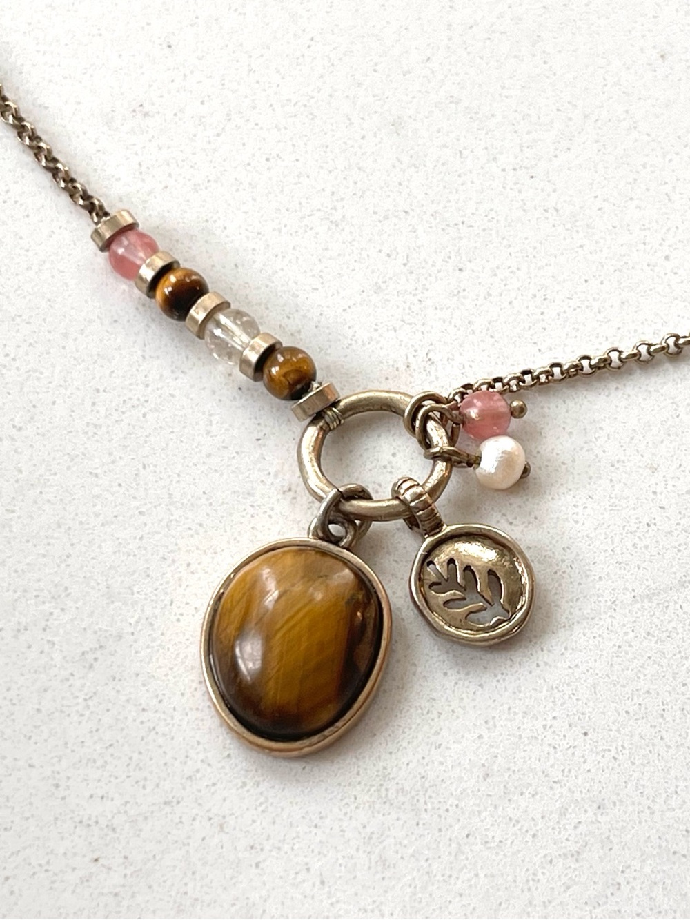 Tiger's Eye Pendant Necklace with Pink Accent Beads